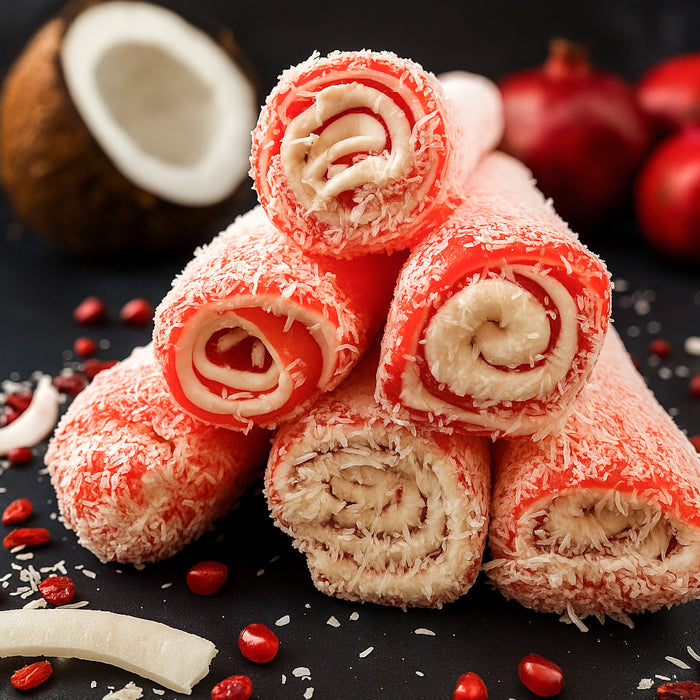 Granātābolu lukums ar vaniļas pastilu un kokosa skaidiņām