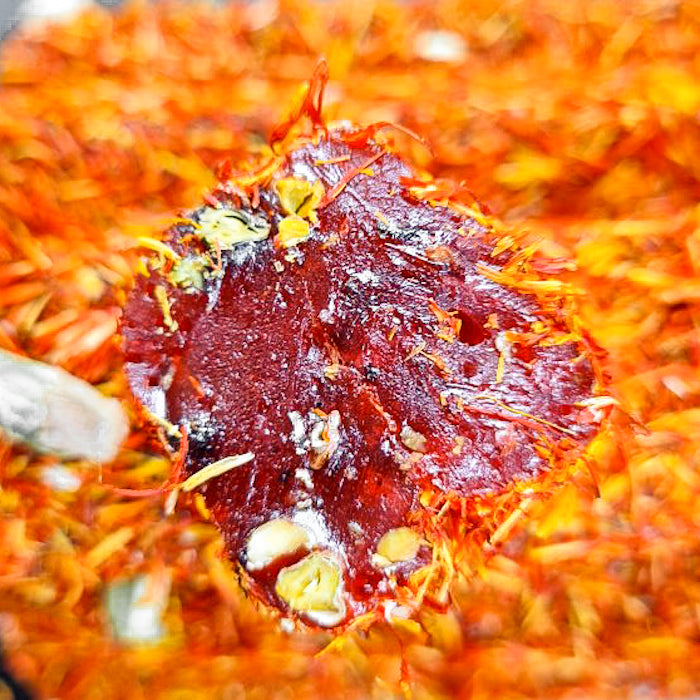 Granātābolu lukums ar meksikāņu šafrānu un pistācijām