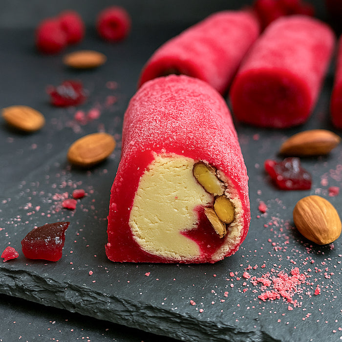 Lukums ar lazdu riekstu kremu, mandelēm un aveņu Pastilu