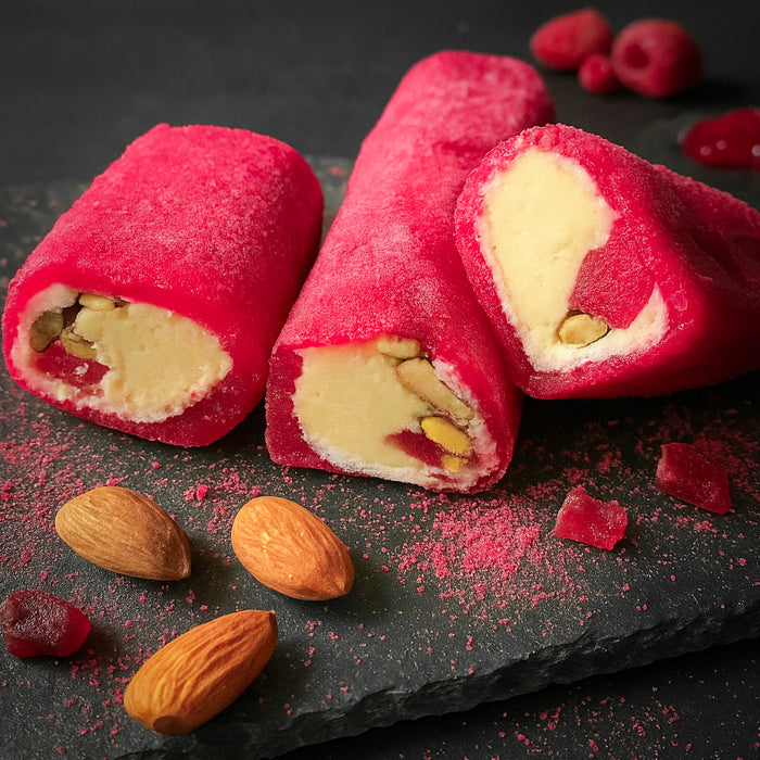 Lukums ar lazdu riekstu kremu, mandelēm un aveņu Pastilu