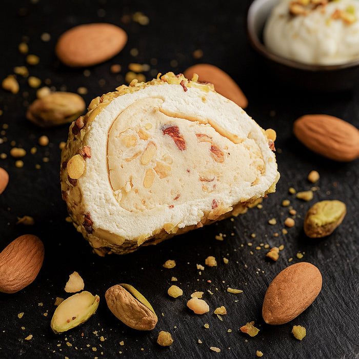 Vaniļas - piena lukums ar pistācijām un mandeļu krēmu